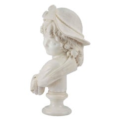 French 19th Century Signed White Carrara Marble Bust of a Stylish Young Girl