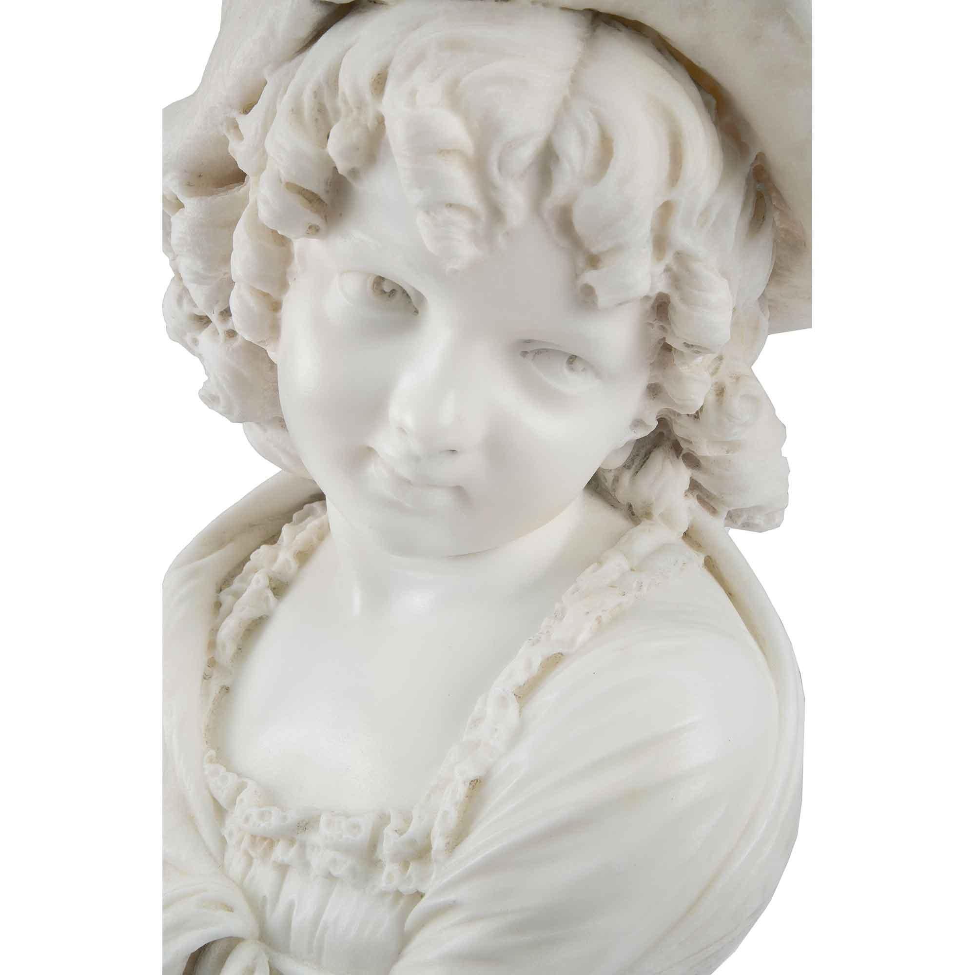 French 19th Century Signed White Carrara Marble Bust of a Stylish Young Girl In Good Condition For Sale In West Palm Beach, FL