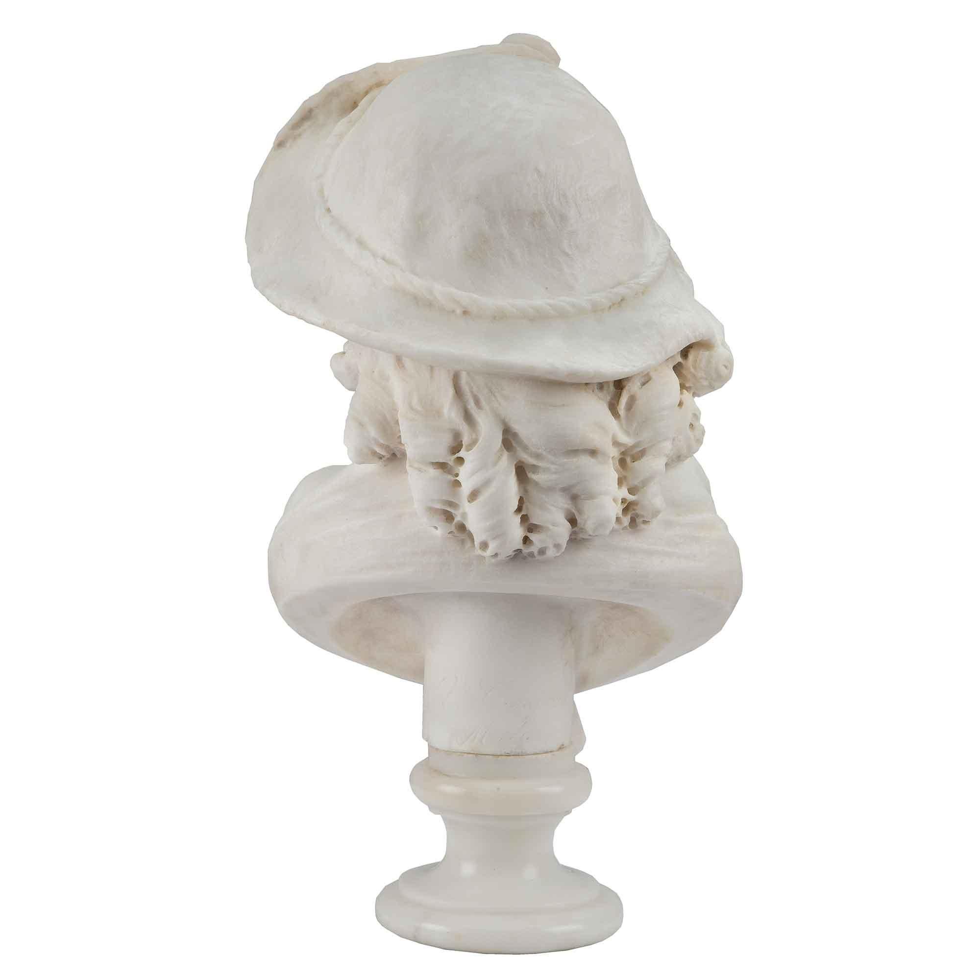 French 19th Century Signed White Carrara Marble Bust of a Stylish Young Girl For Sale 2