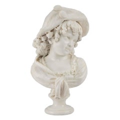 French 19th Century Signed White Carrara Marble Bust of a Stylish Young Girl