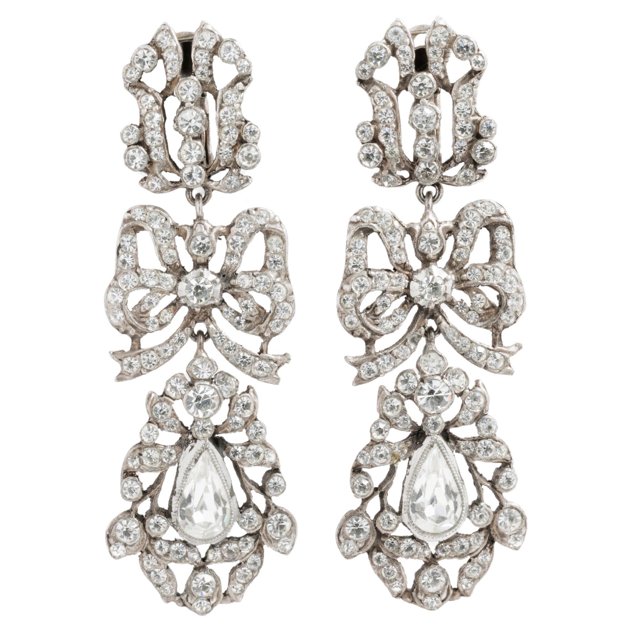 French 19th Century Silver and Clear Paste Pendeloque Chandelier Earrings For Sale