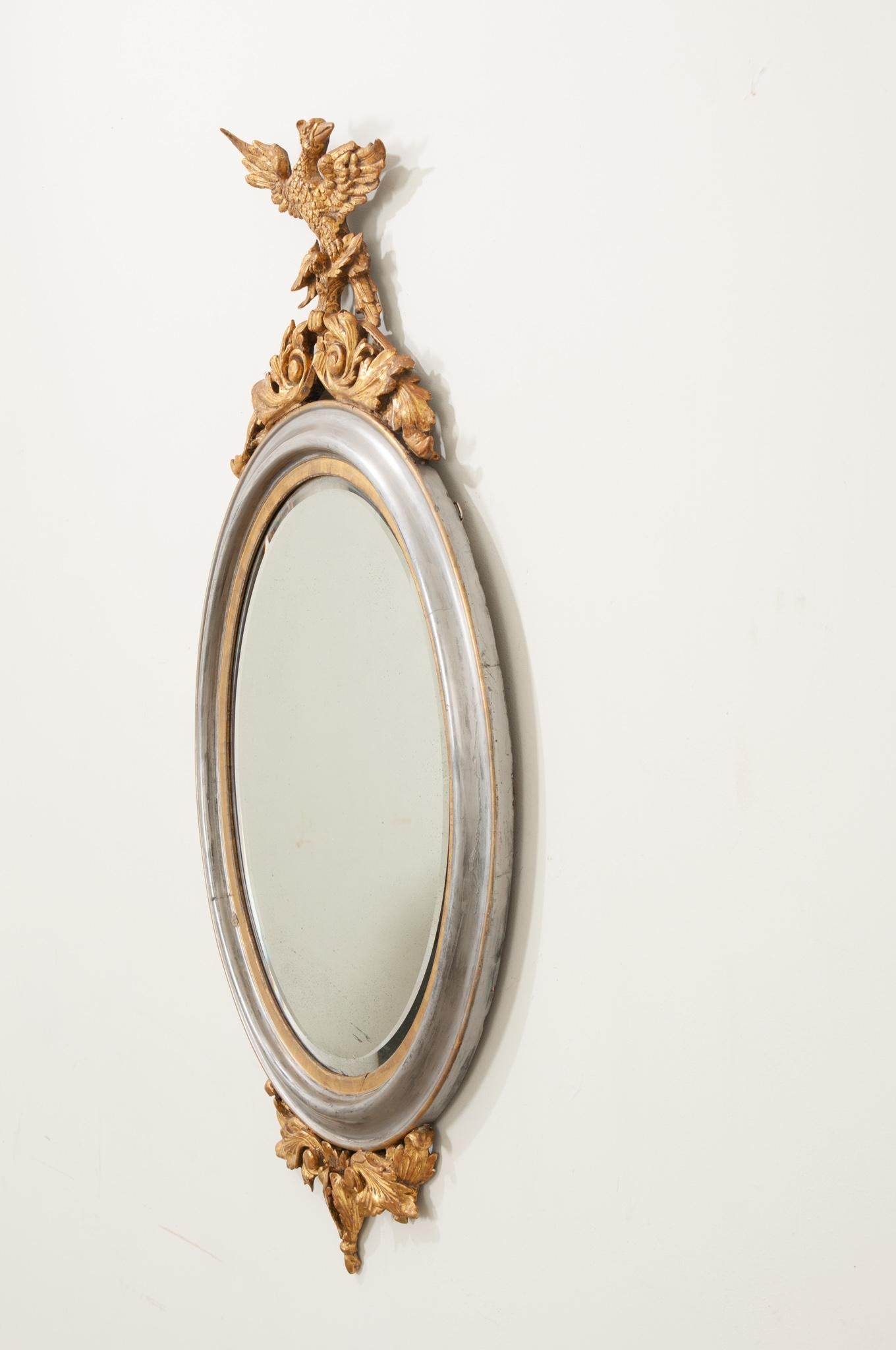 Giltwood French 19th Century Silver & Gold Gilt Oval Mirror For Sale