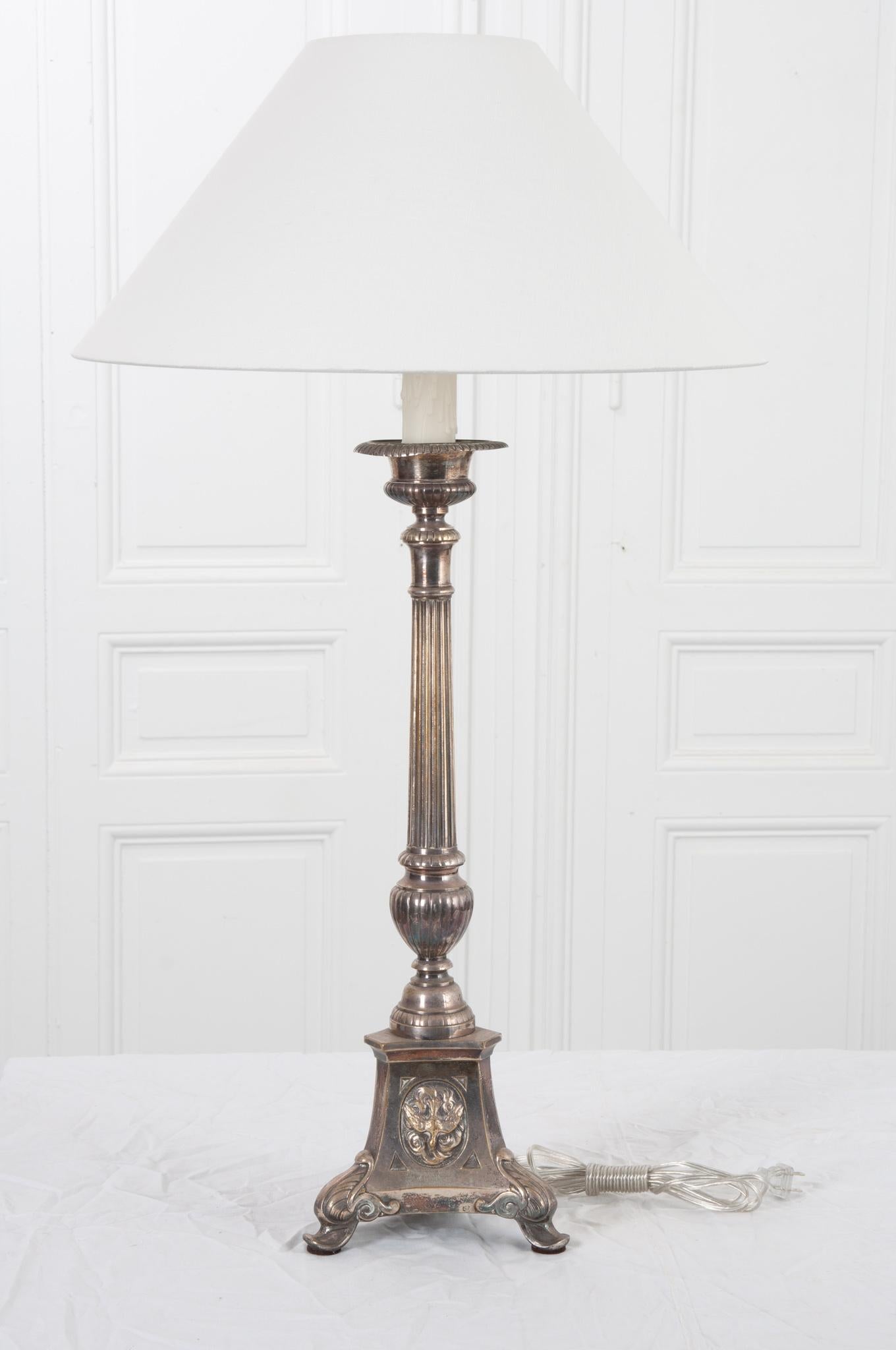 Plated French 19th Century Silver Plate Candlestick Lamp