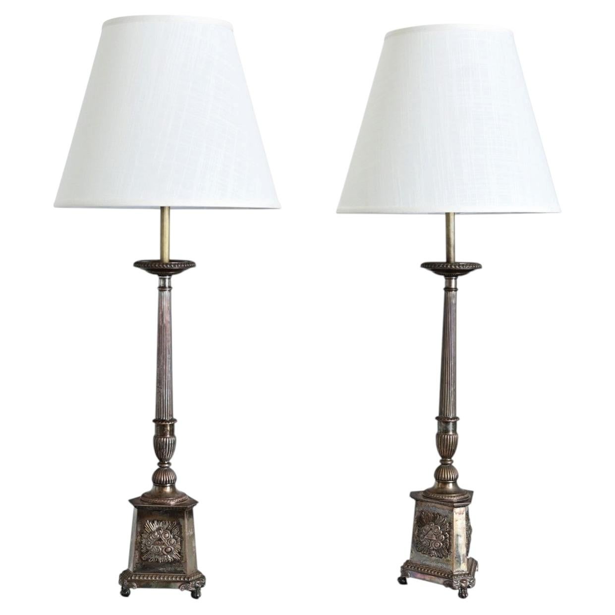 French 19th Century Silverplate Altar Candlestick Lamps For Sale
