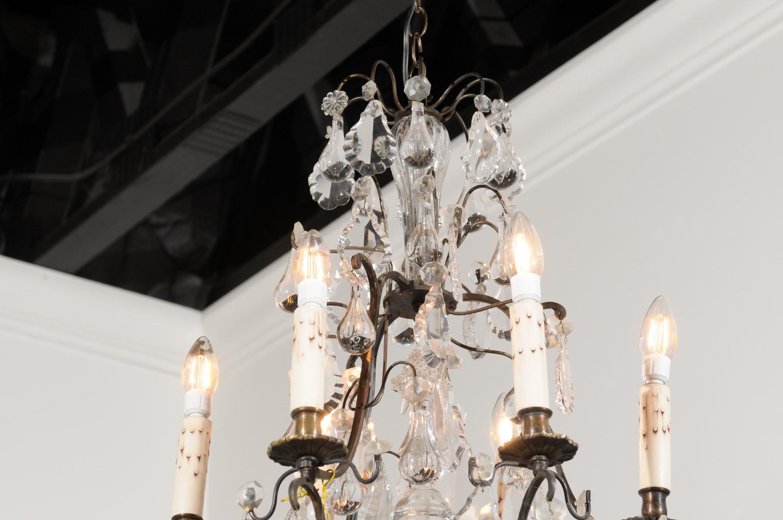 French 19th Century Six-Light Brass Chandelier with Pendeloques and Teardrops In Good Condition For Sale In Atlanta, GA