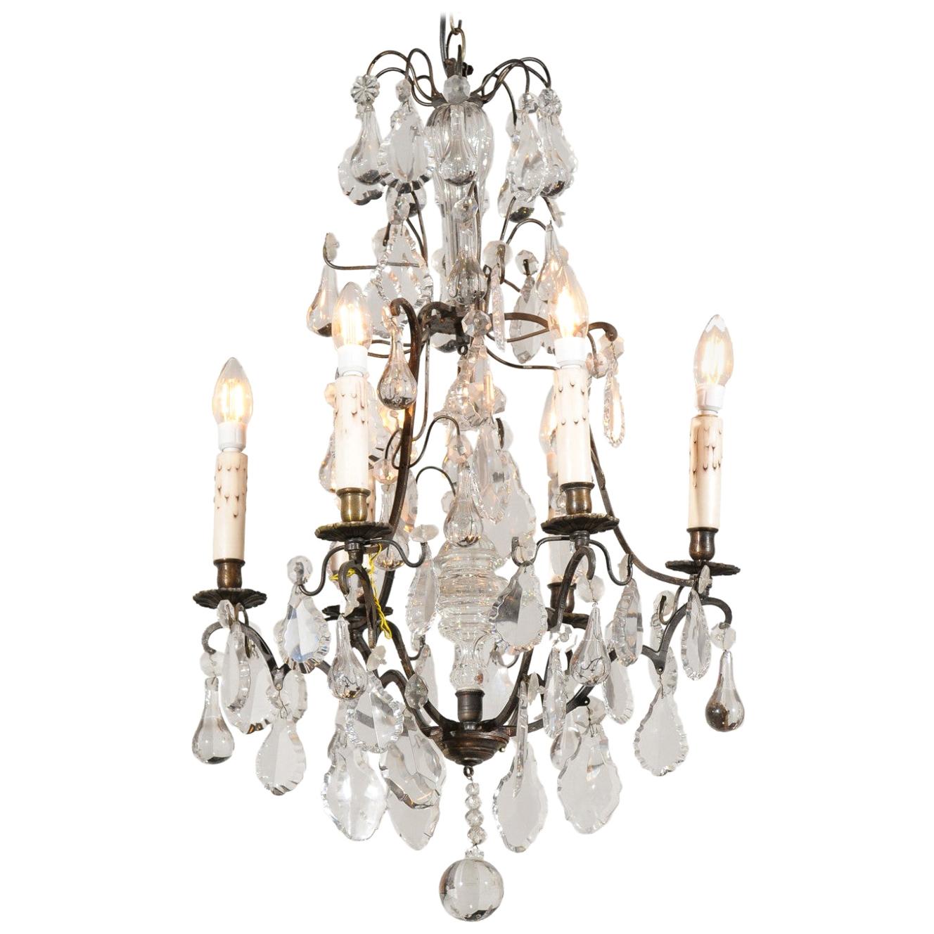 French 19th Century Six-Light Brass Chandelier with Pendeloques and Teardrops For Sale