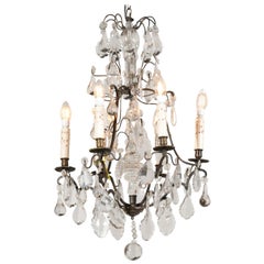 Antique French 19th Century Six-Light Brass Chandelier with Pendeloques and Teardrops