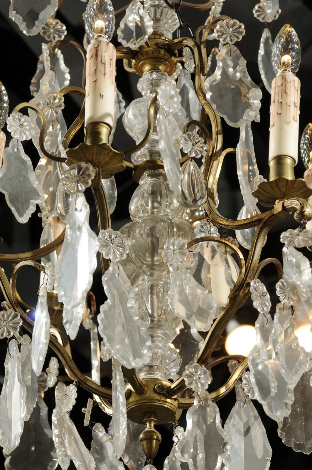 French 19th Century Six-Light Bronze and Crystal Chandelier with Scrolling Arms In Good Condition For Sale In Atlanta, GA