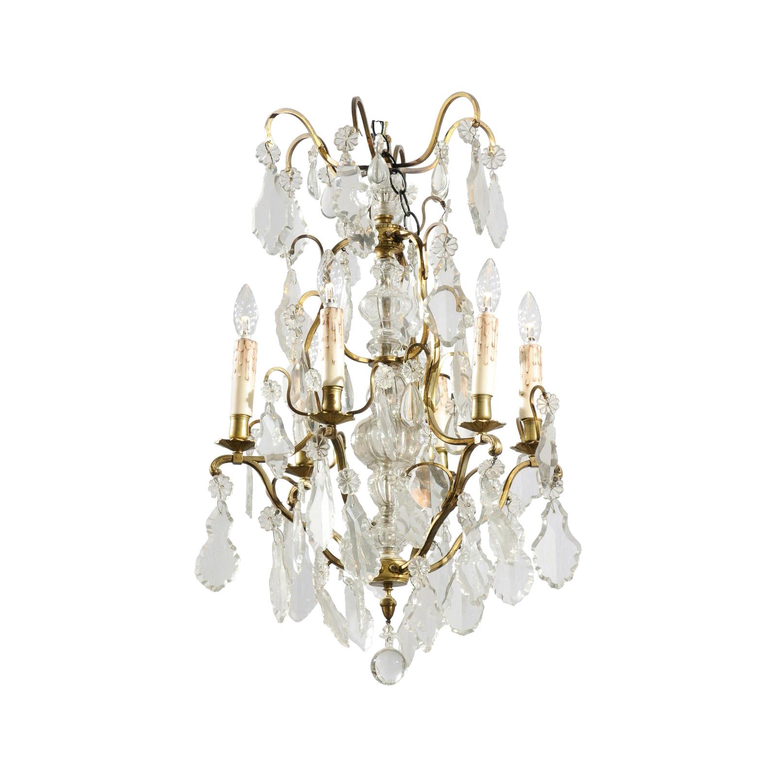 French 19th Century Six-Light Bronze and Crystal Chandelier with Scrolling Arms For Sale