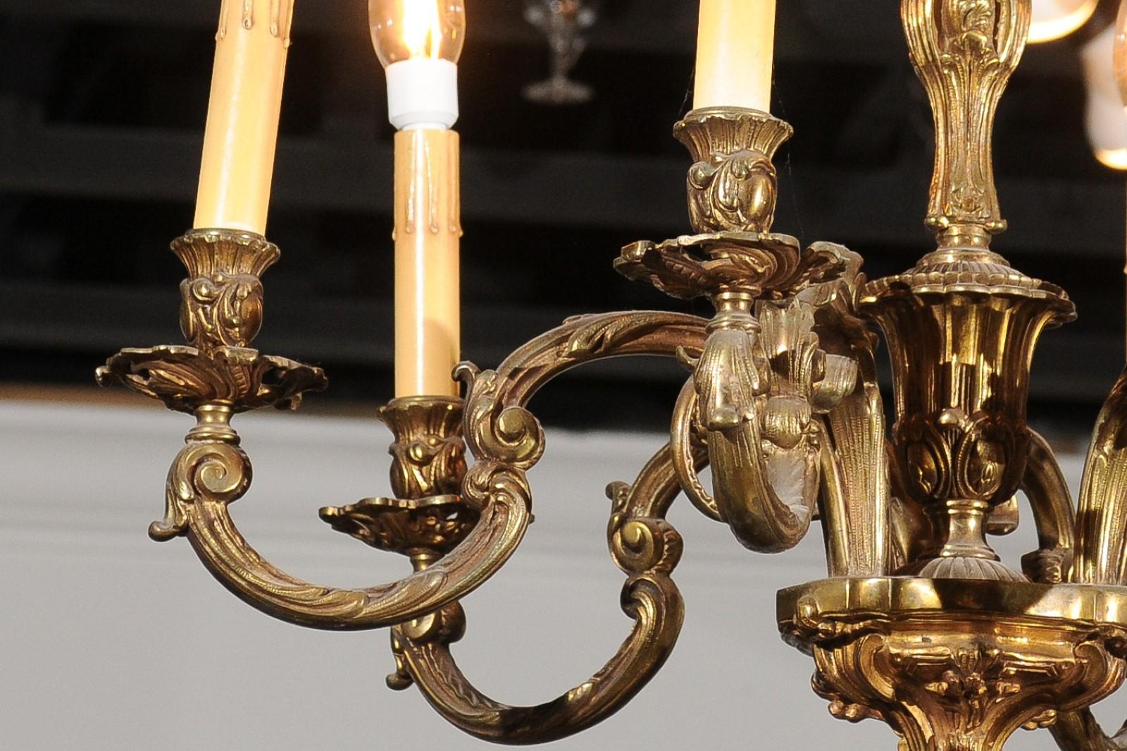 French 19th Century Six-Light Bronze Chandelier with Foliage and Scrolling Arms In Good Condition In Atlanta, GA