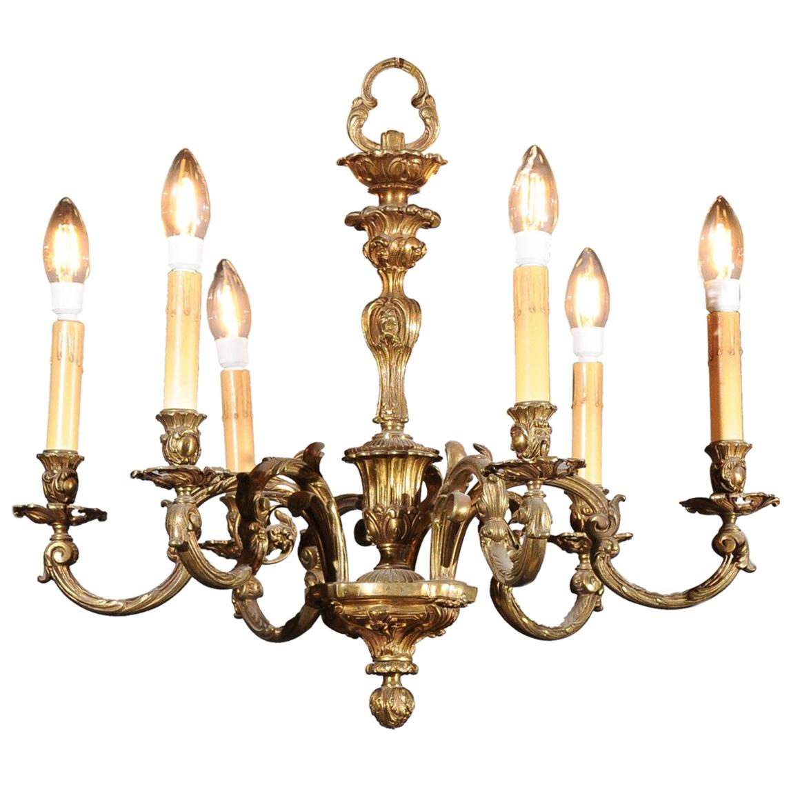 French 19th Century Six-Light Bronze Chandelier with Foliage and Scrolling Arms