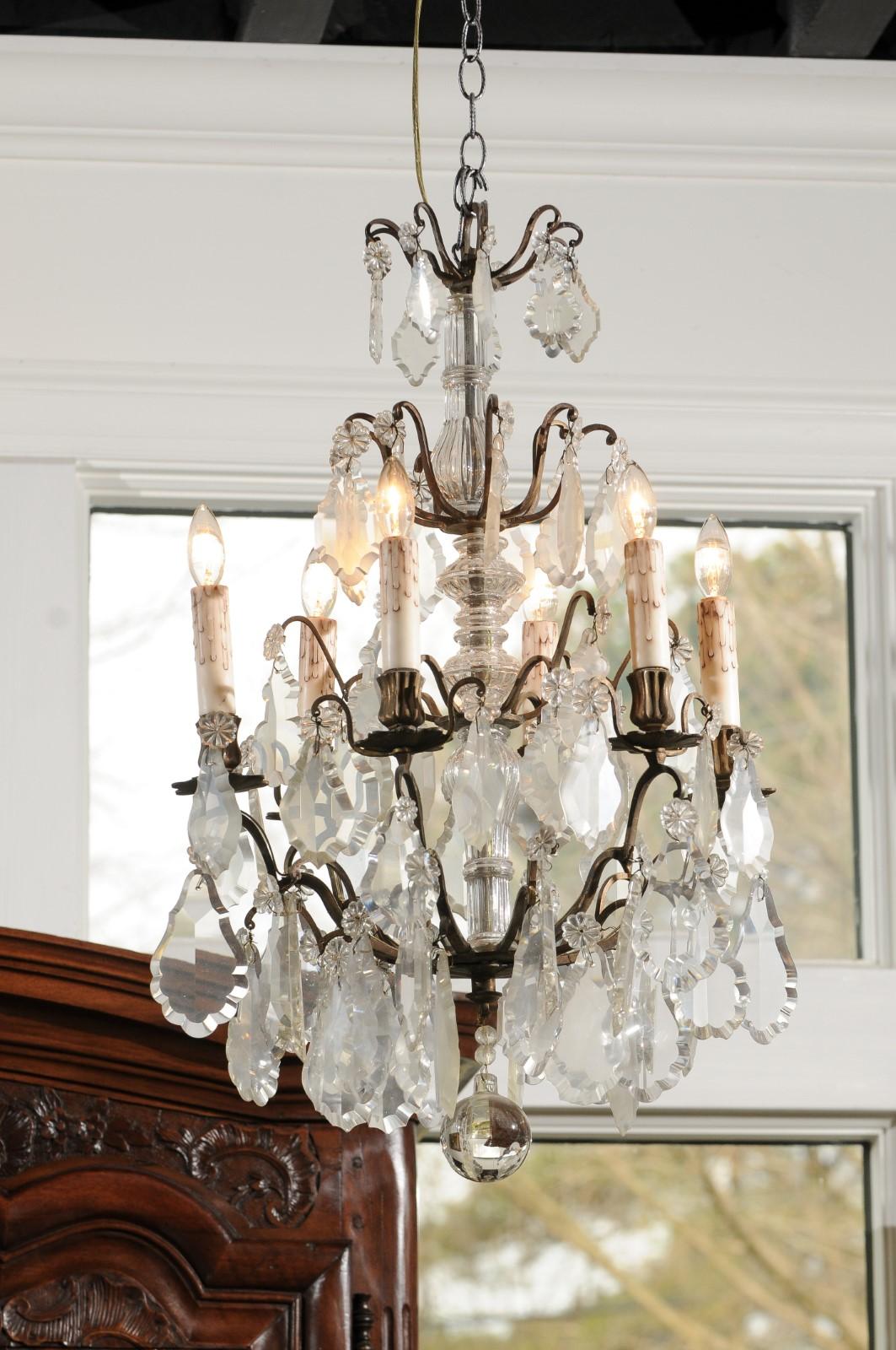 French 19th Century Six-Light Crystal Chandelier with Pendeloques and Rosettes For Sale 4