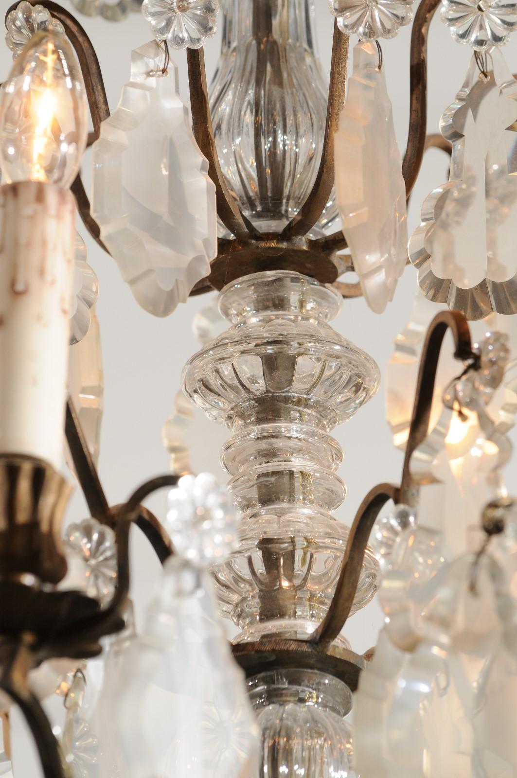 Patinated French 19th Century Six-Light Crystal Chandelier with Pendeloques and Rosettes For Sale