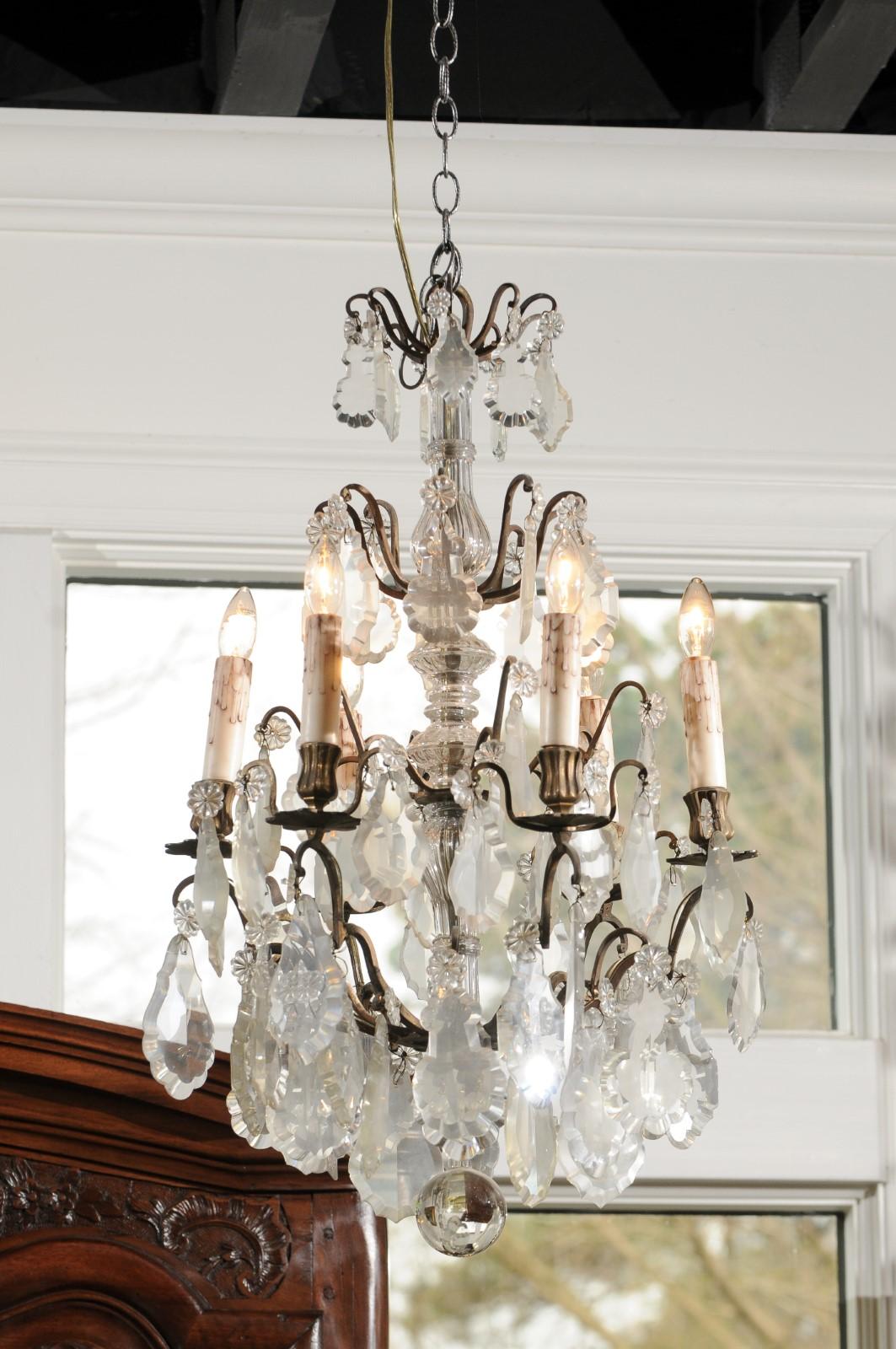 French 19th Century Six-Light Crystal Chandelier with Pendeloques and Rosettes For Sale 1