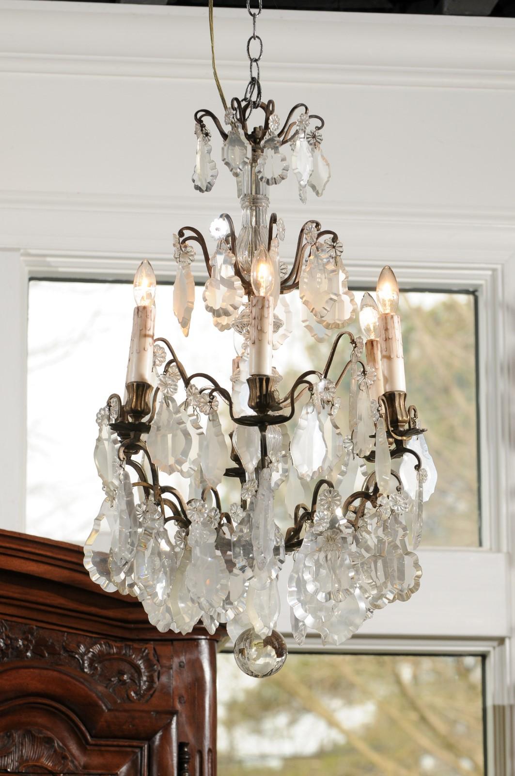 French 19th Century Six-Light Crystal Chandelier with Pendeloques and Rosettes For Sale 2