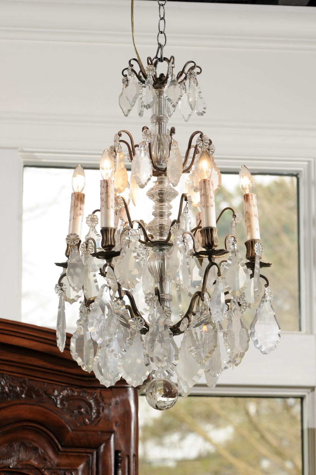 French 19th Century Six-Light Crystal Chandelier with Pendeloques and Rosettes For Sale 3