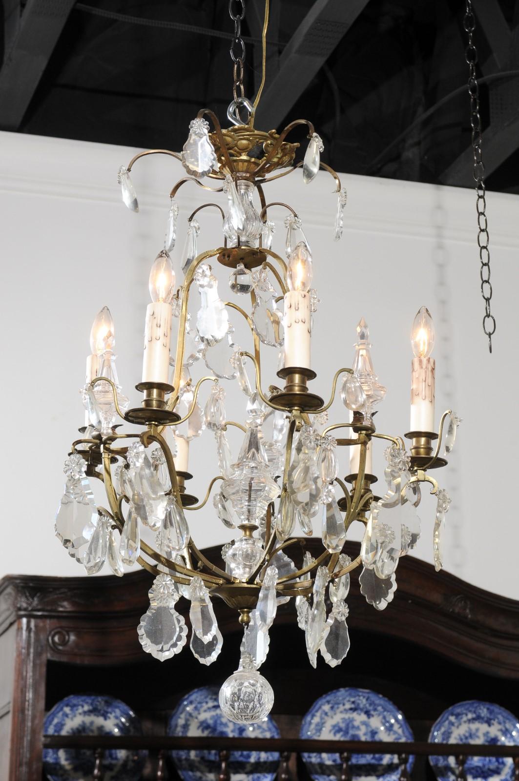 French 19th Century Six-Light Crystal Chandelier with Scrolled Brass Armature For Sale 8