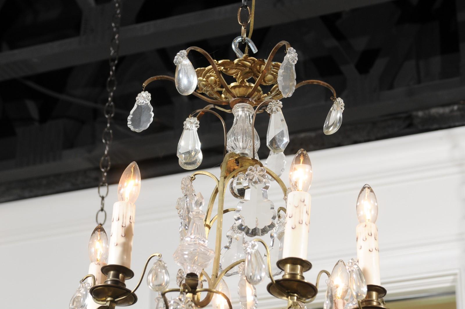 French 19th Century Six-Light Crystal Chandelier with Scrolled Brass Armature In Good Condition For Sale In Atlanta, GA