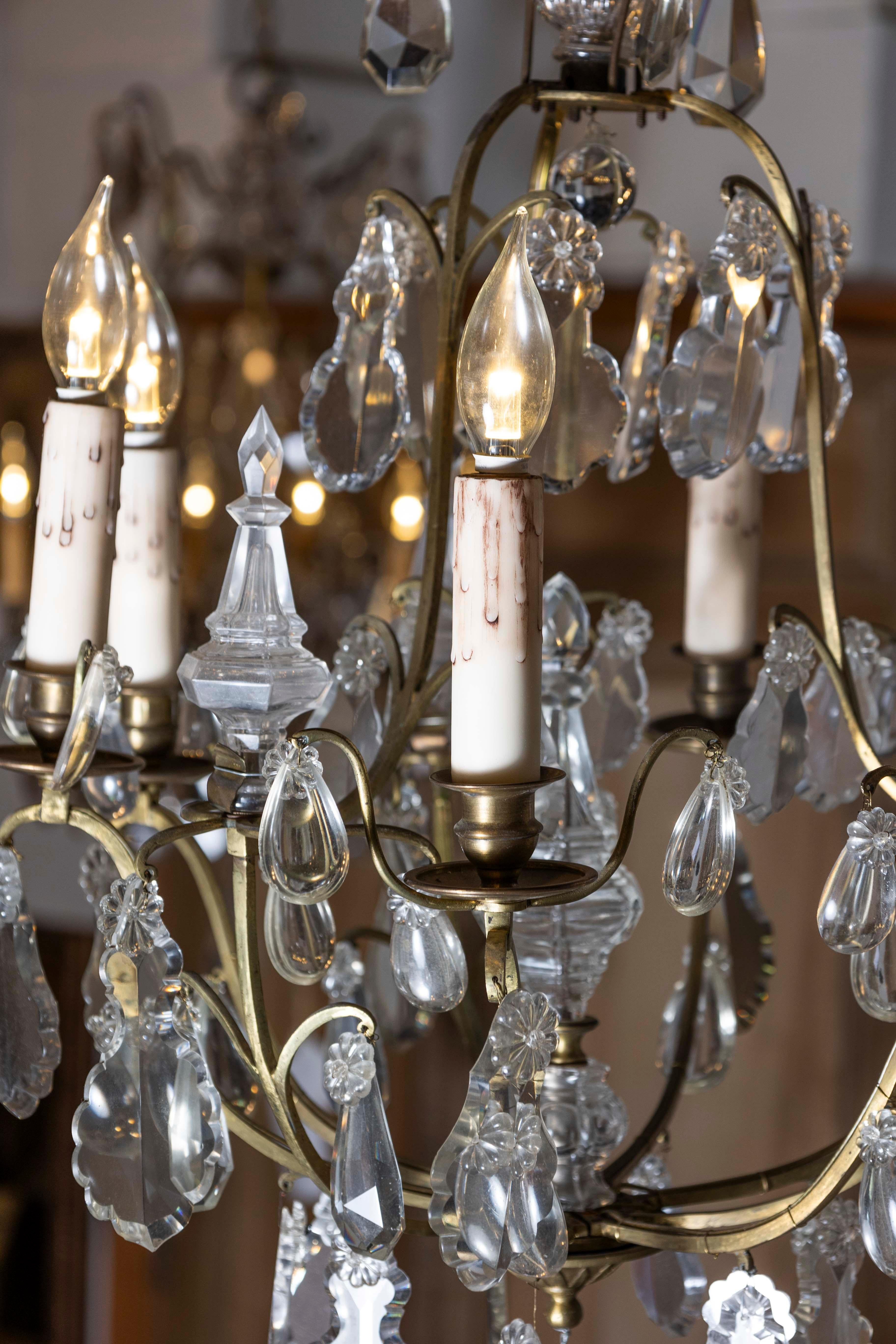 French 19th Century Six-Light Crystal Chandelier with Scrolled Brass Armature In Good Condition For Sale In Atlanta, GA