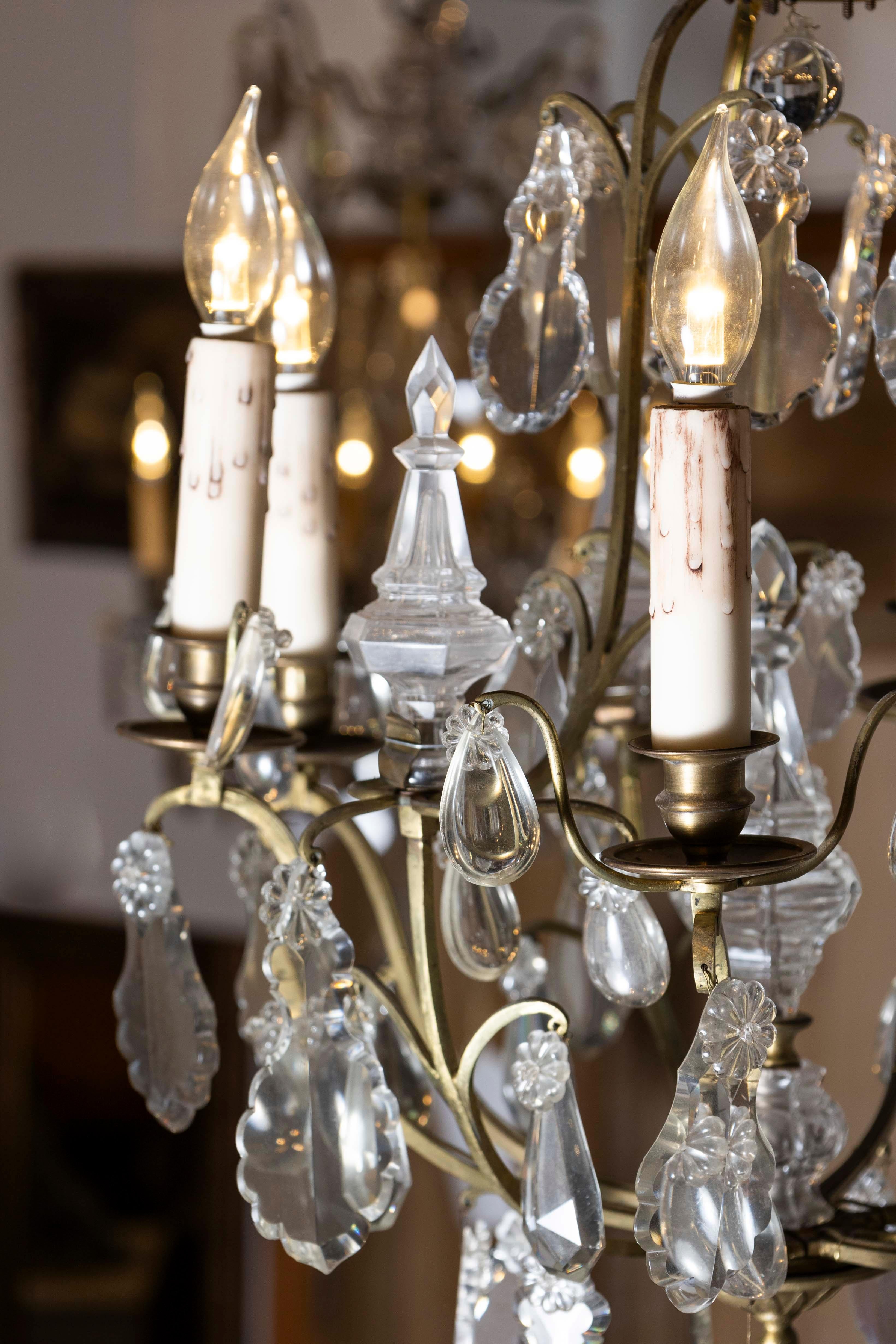 French 19th Century Six-Light Crystal Chandelier with Scrolled Brass Armature For Sale 2