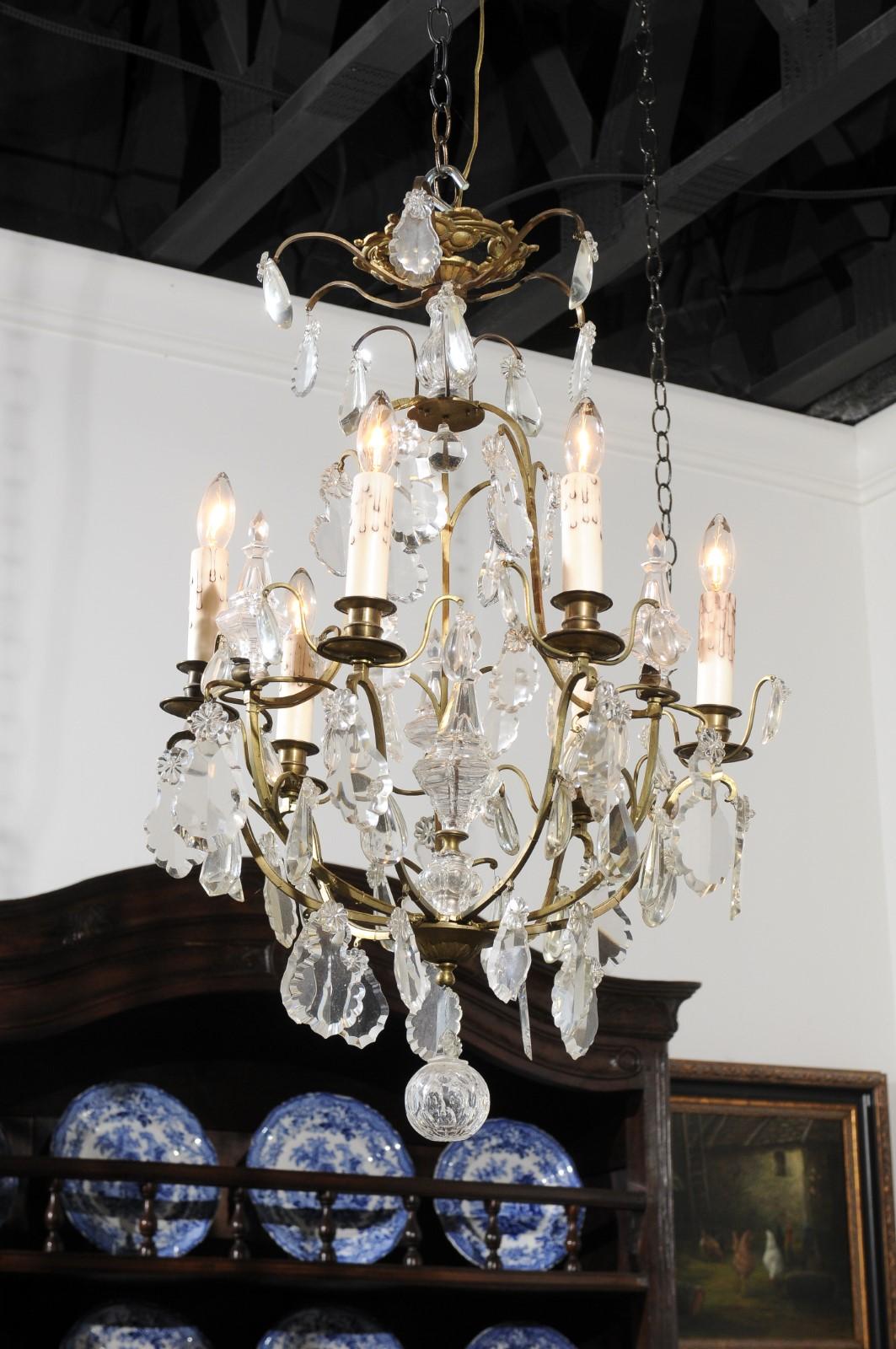 French 19th Century Six-Light Crystal Chandelier with Scrolled Brass Armature For Sale 4