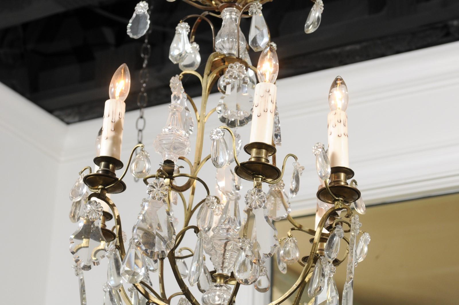 French 19th Century Six-Light Crystal Chandelier with Scrolled Brass Armature For Sale 6