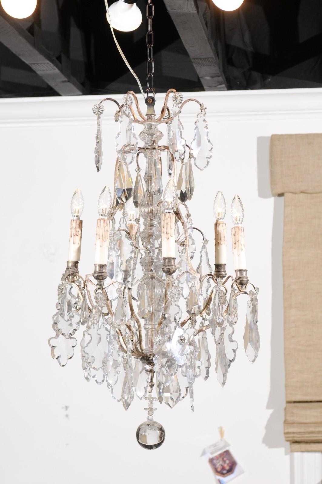 French 19th Century Six-Light Crystal Chandelier with Silvered Armature For Sale 7
