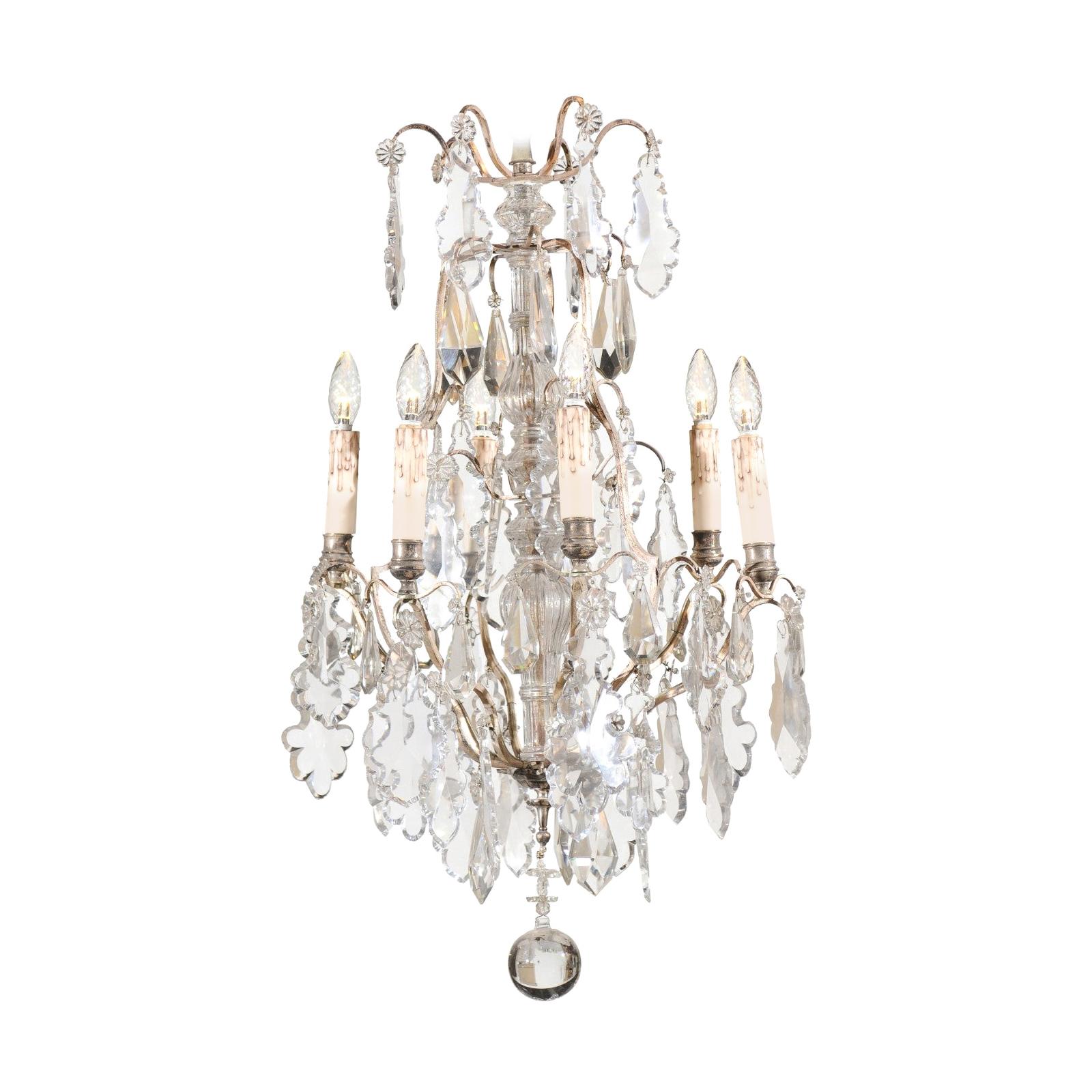 French 19th Century Six-Light Crystal Chandelier with Silvered Armature For Sale