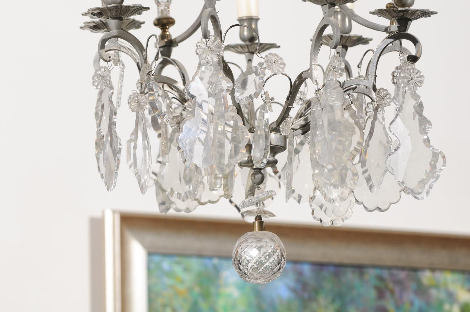 French 19th Century Six-Light Crystal Chandelier with Silvered Iron Armature For Sale 1