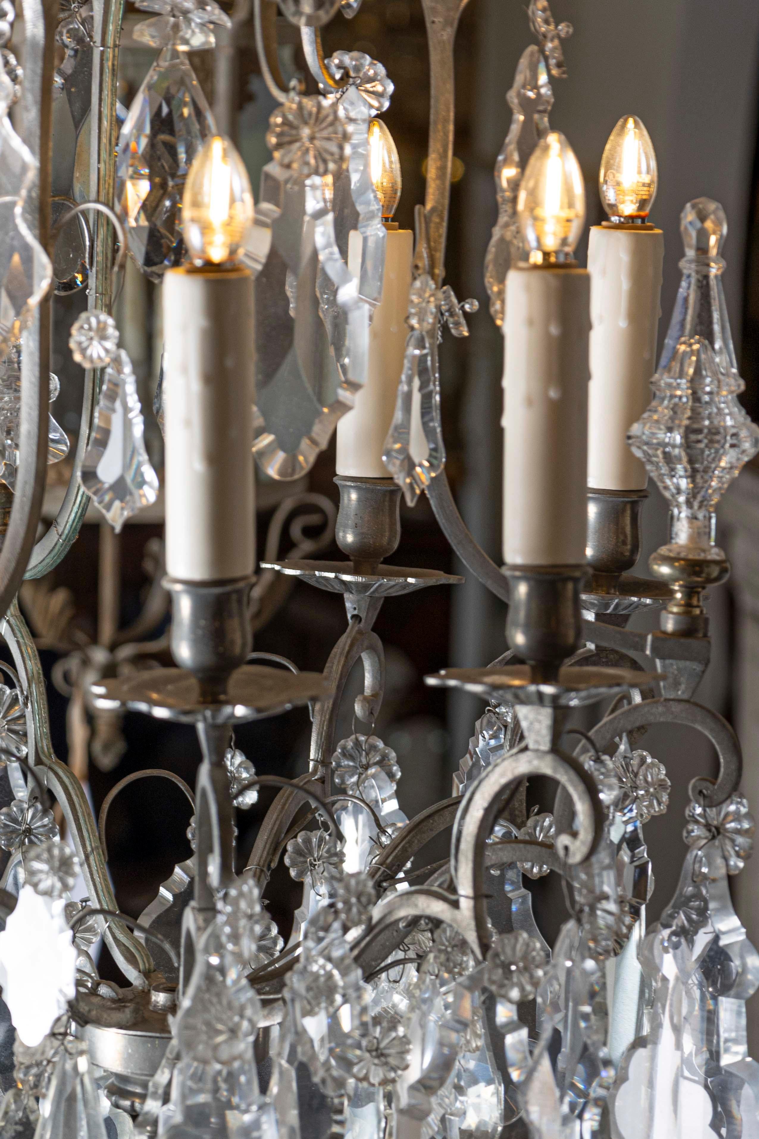 French 19th Century Six-Light Crystal Chandelier with Silvered Iron Armature For Sale 1