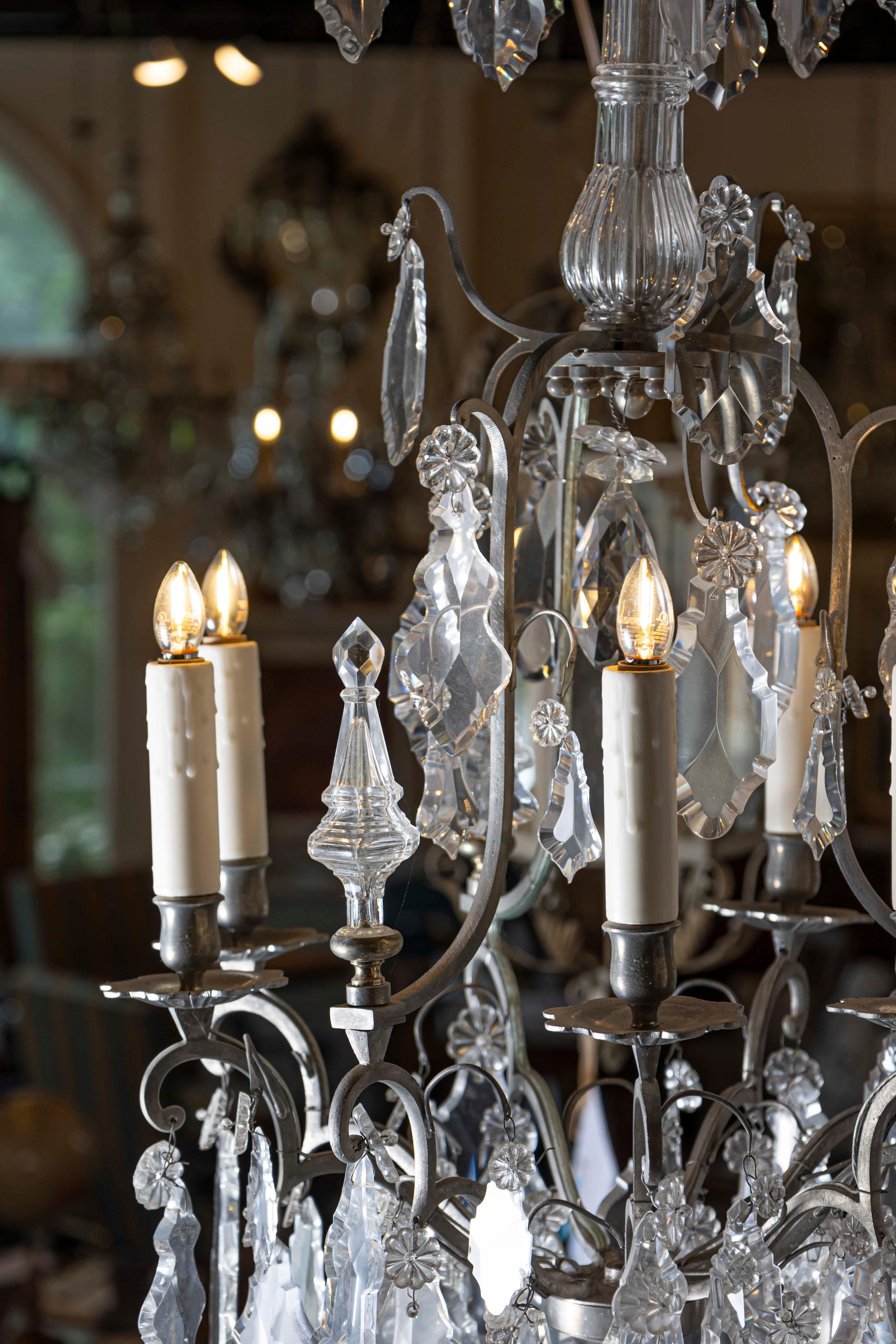 French 19th Century Six-Light Crystal Chandelier with Silvered Iron Armature For Sale 2