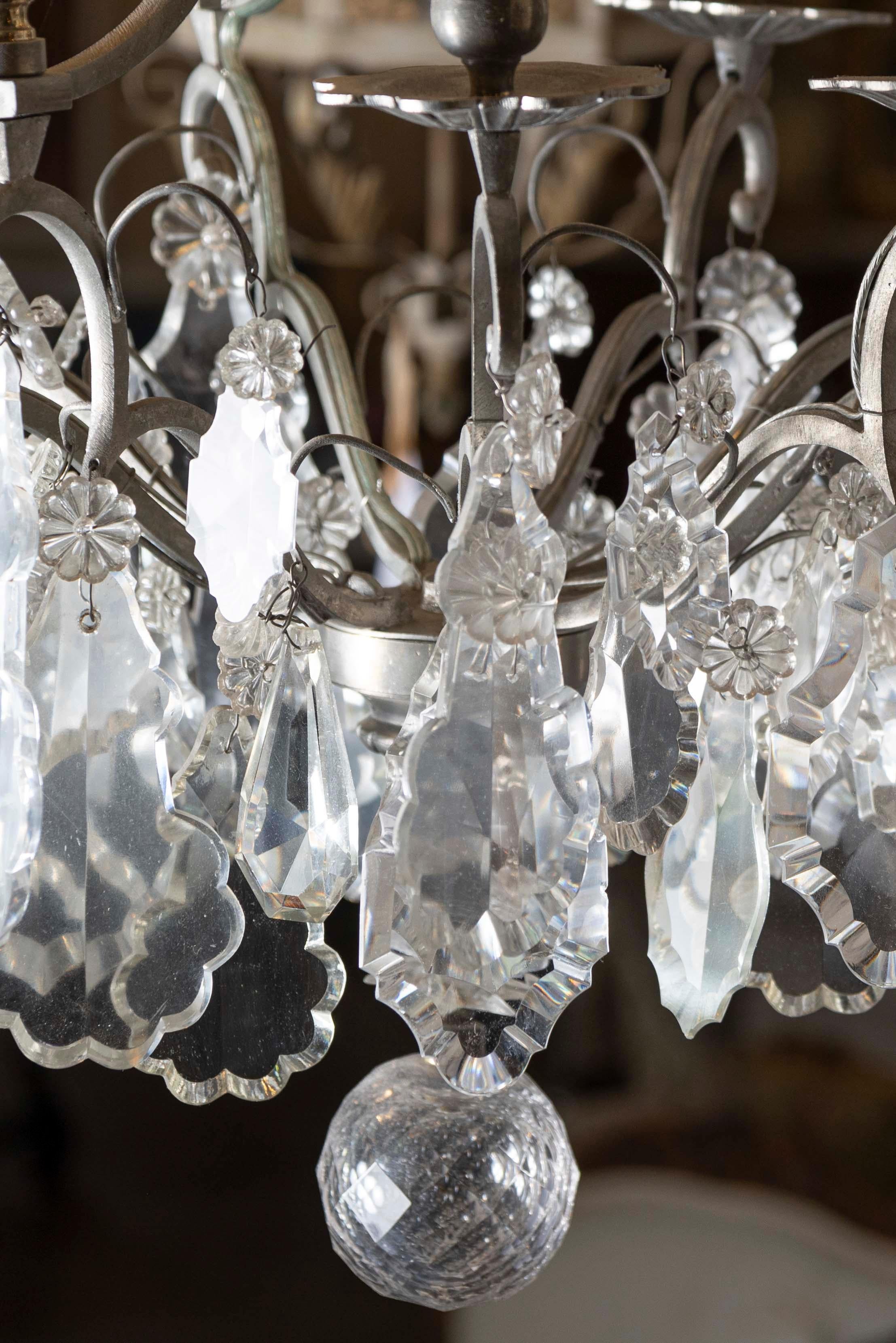French 19th Century Six-Light Crystal Chandelier with Silvered Iron Armature For Sale 3