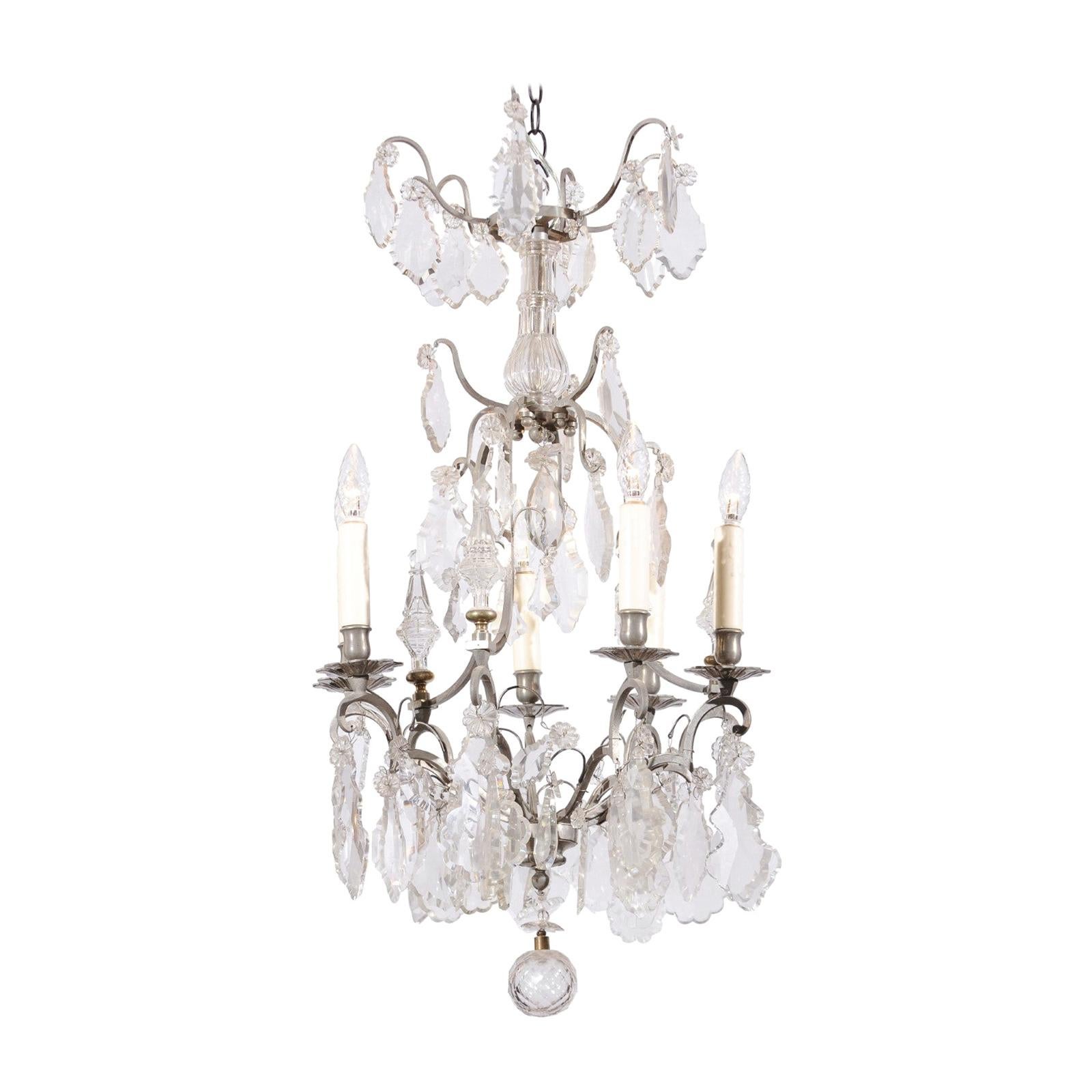 French 19th Century Six-Light Crystal Chandelier with Silvered Iron Armature For Sale