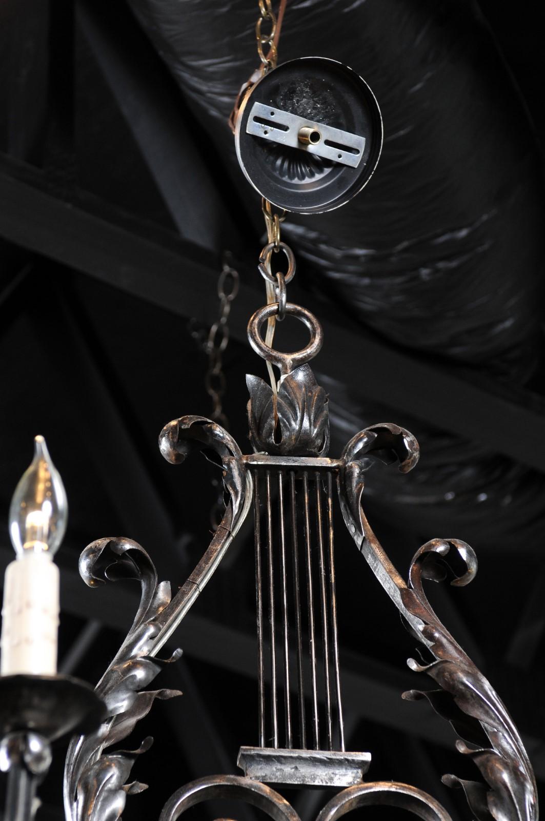French 19th Century Six-Light Iron Chandelier with Lyre and Acanthus Leaf Motifs 7