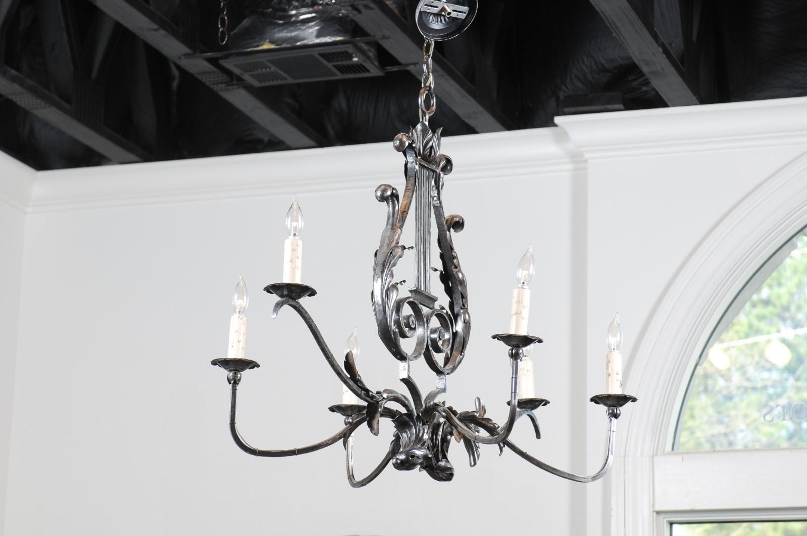 French 19th Century Six-Light Iron Chandelier with Lyre and Acanthus Leaf Motifs In Good Condition In Atlanta, GA