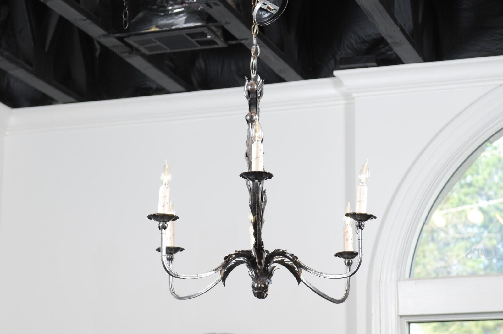 French 19th Century Six-Light Iron Chandelier with Lyre and Acanthus Leaf Motifs 1