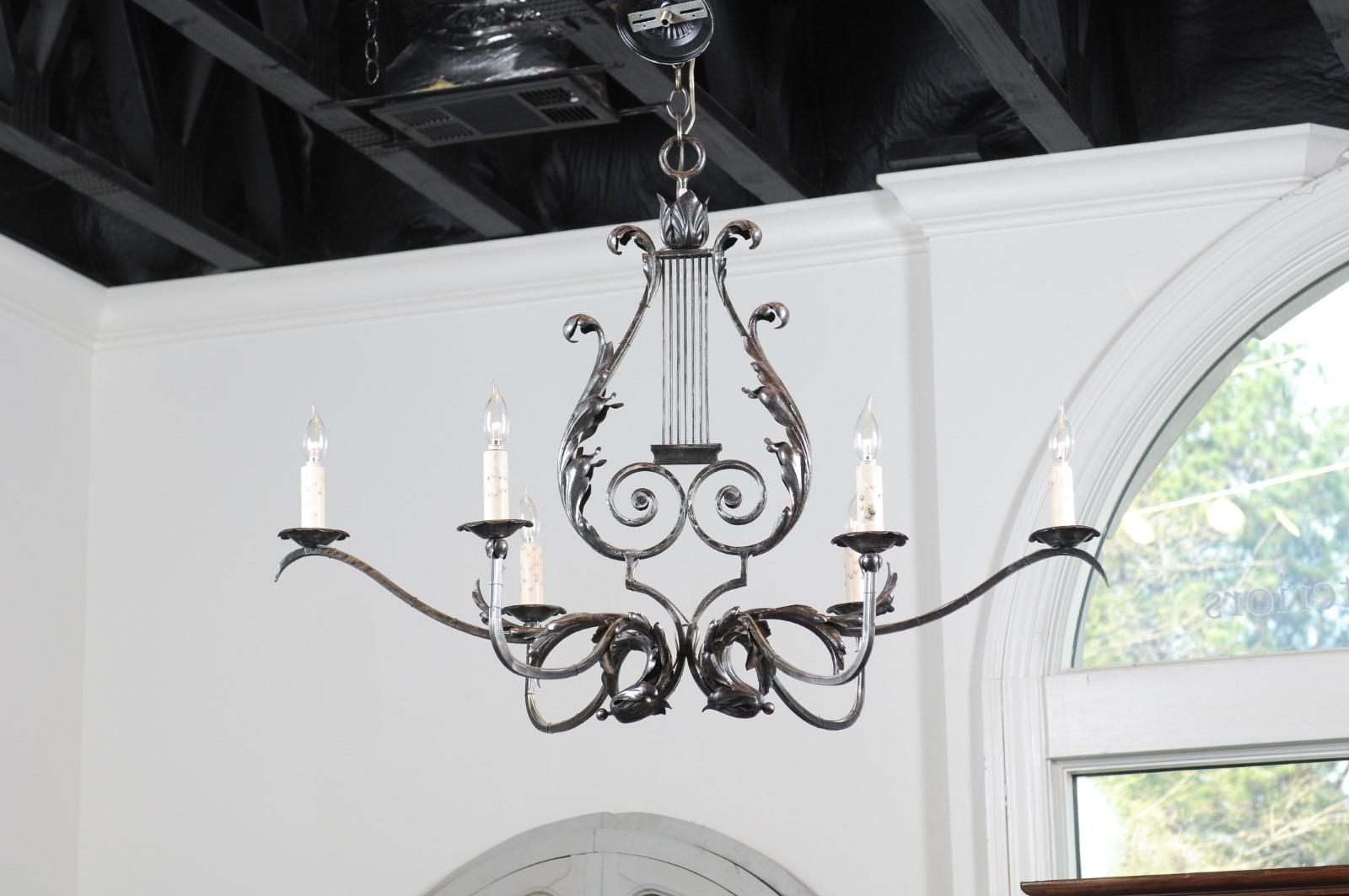 French 19th Century Six-Light Iron Chandelier with Lyre and Acanthus Leaf Motifs 2