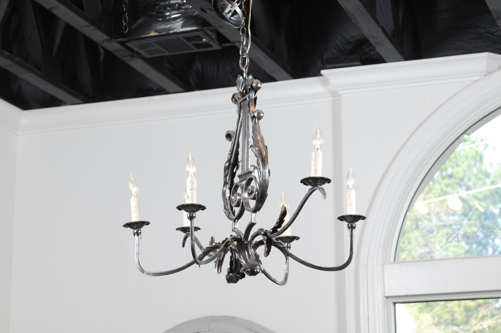 French 19th Century Six-Light Iron Chandelier with Lyre and Acanthus Leaf Motifs 3