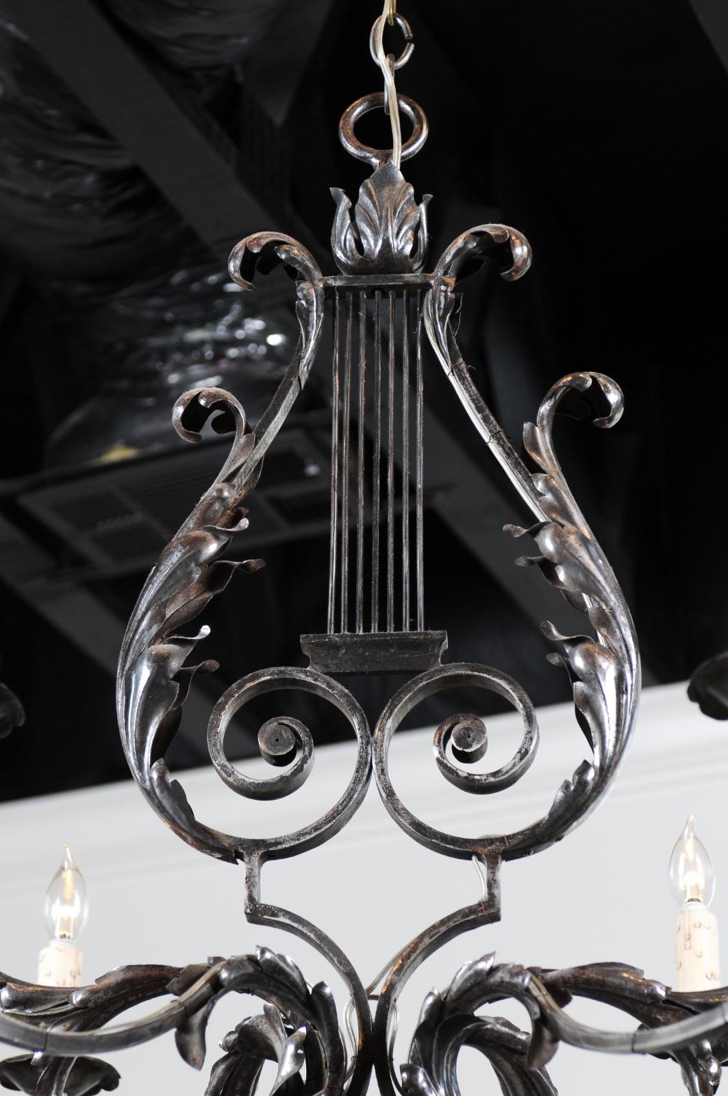 French 19th Century Six-Light Iron Chandelier with Lyre and Acanthus Leaf Motifs 4