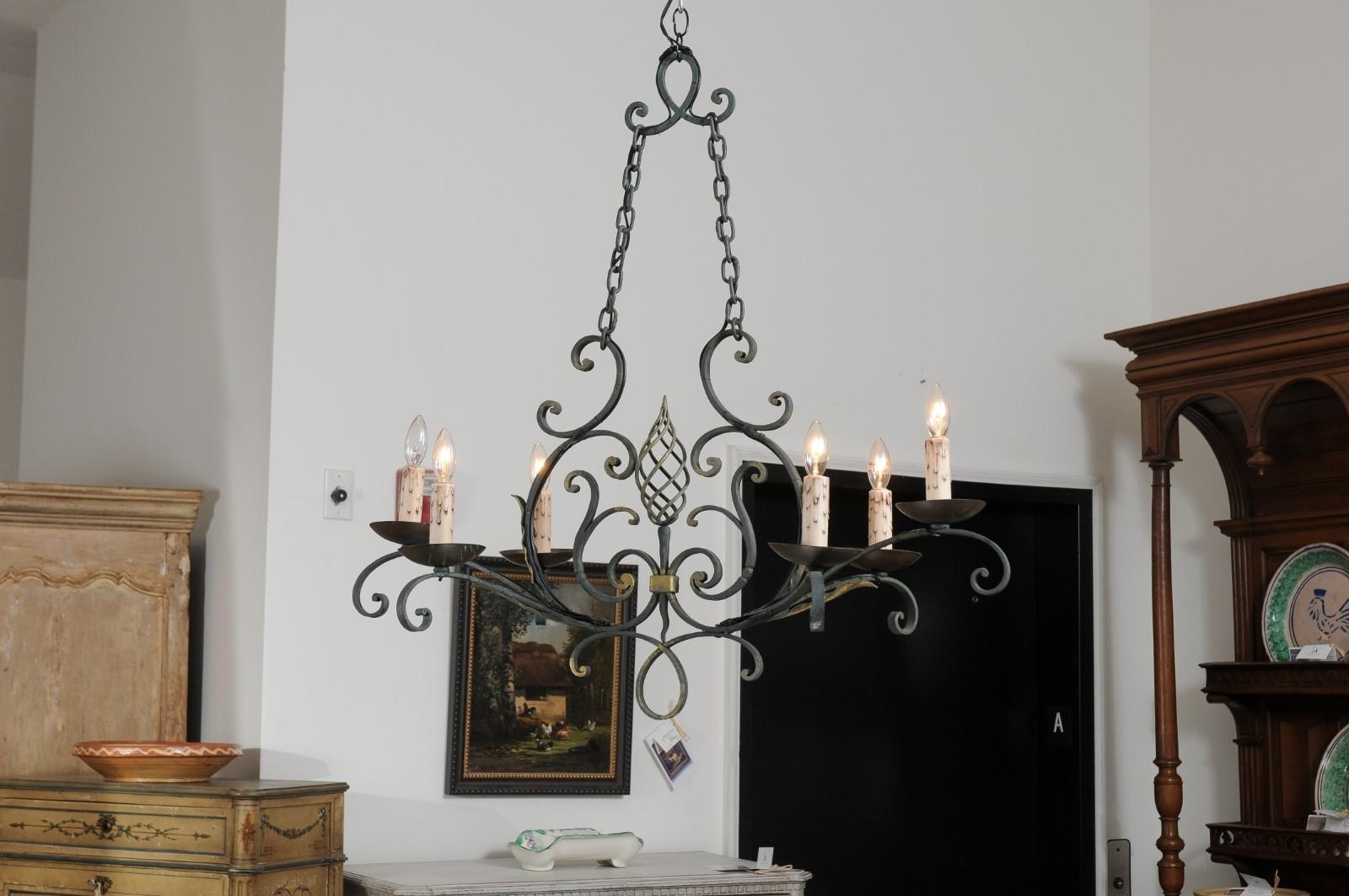 French 19th Century Six-Light Iron Chandelier with Spiral and Scrolling Arms For Sale 7