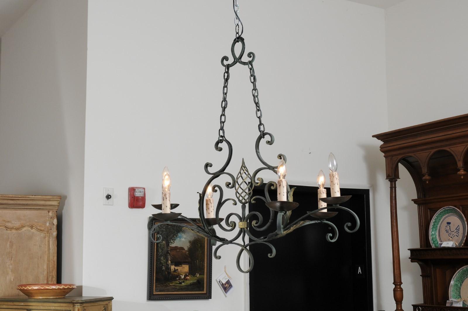 French 19th Century Six-Light Iron Chandelier with Spiral and Scrolling Arms For Sale 9