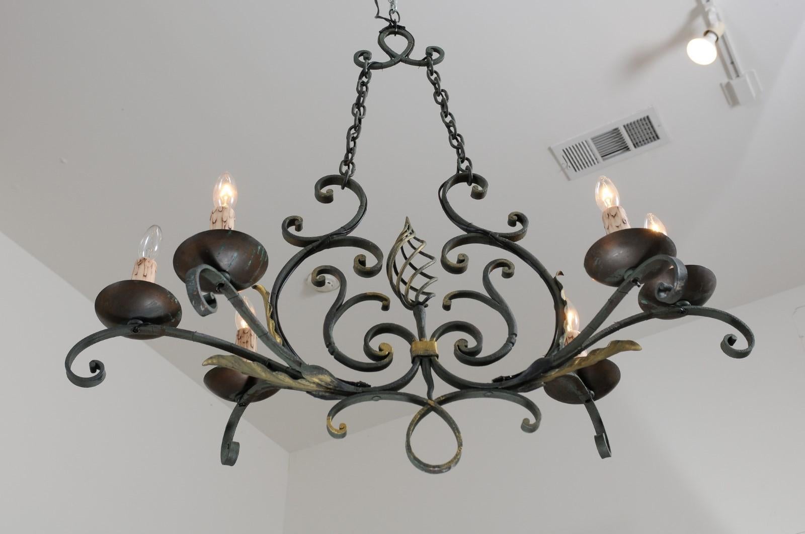 French 19th Century Six-Light Iron Chandelier with Spiral and Scrolling Arms For Sale 11