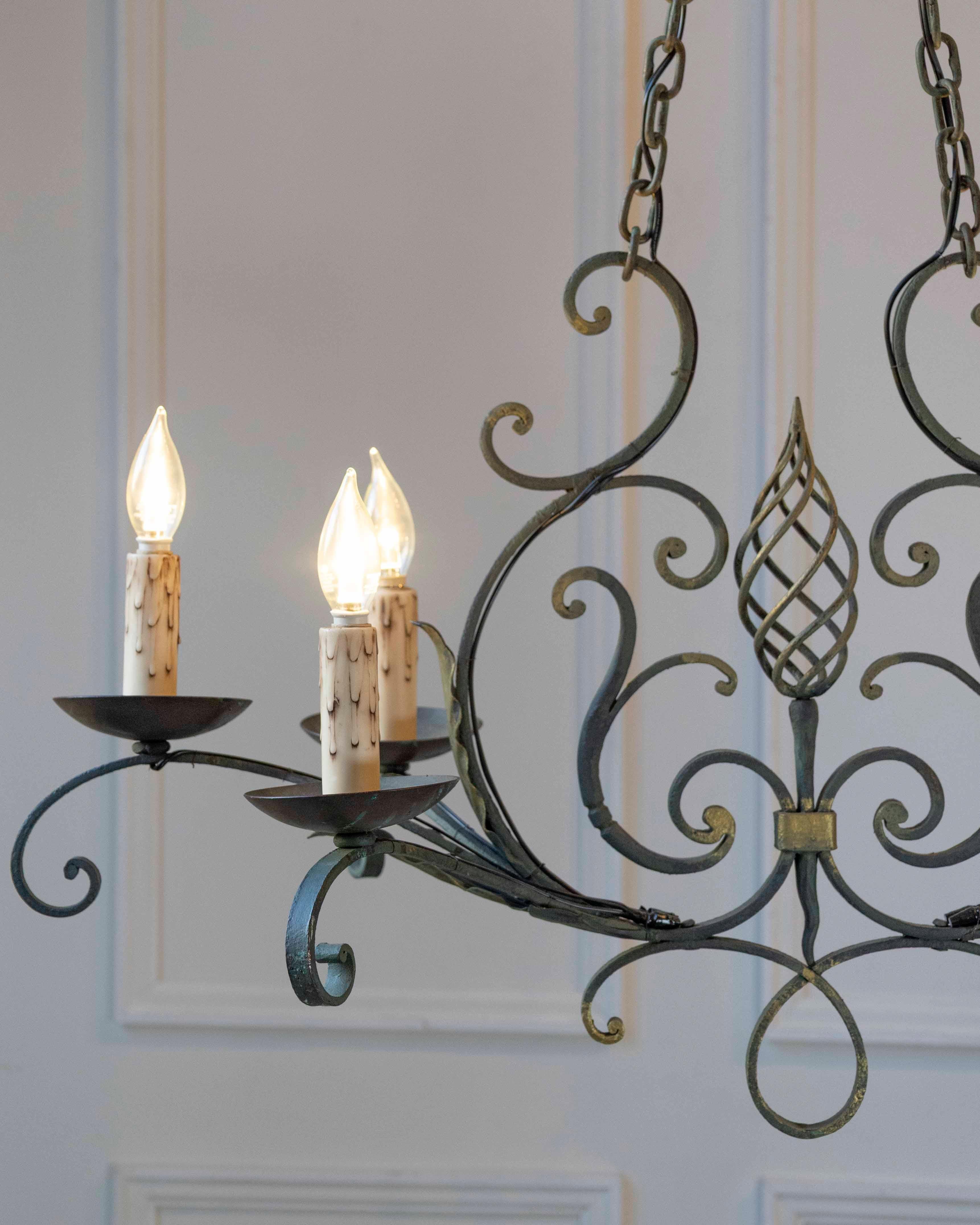 French 19th Century Six-Light Iron Chandelier with Spiral and Scrolling Arms In Good Condition For Sale In Atlanta, GA