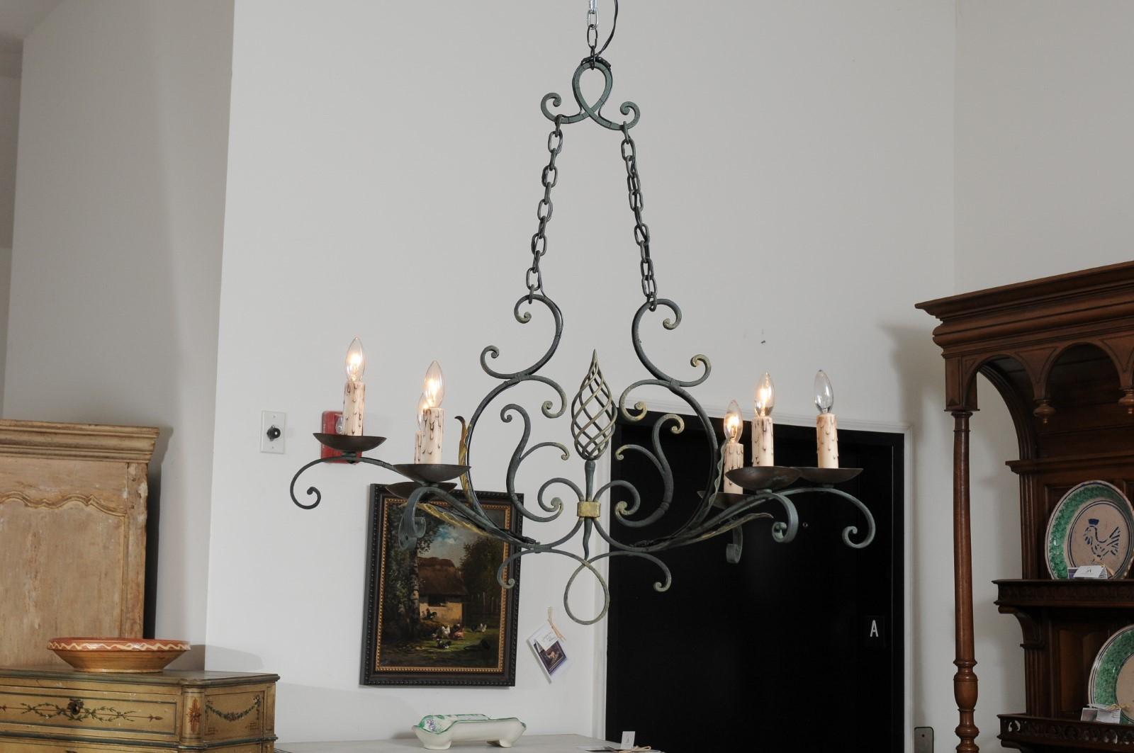 French 19th Century Six-Light Iron Chandelier with Spiral and Scrolling Arms For Sale 5