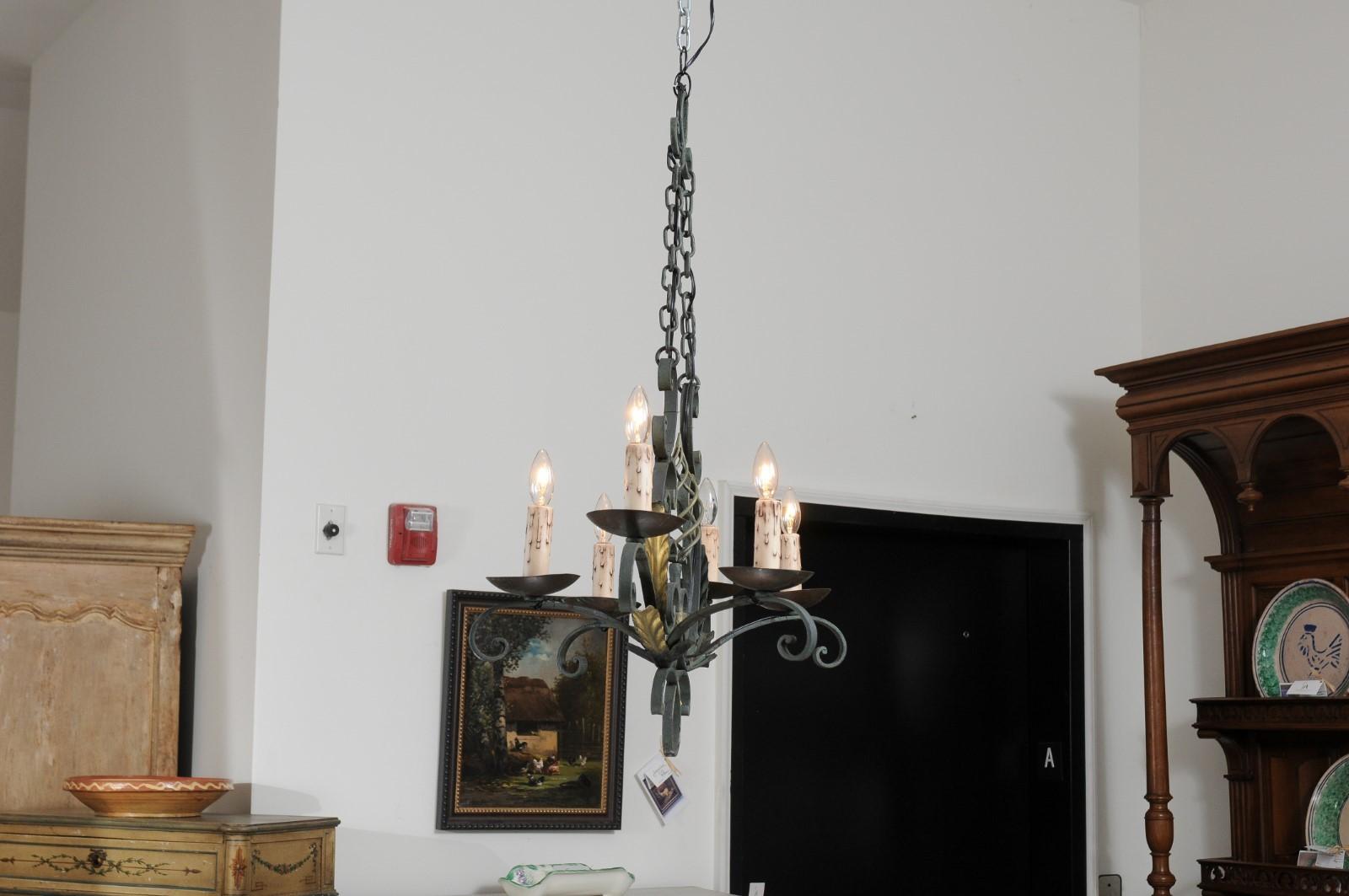 French 19th Century Six-Light Iron Chandelier with Spiral and Scrolling Arms For Sale 6
