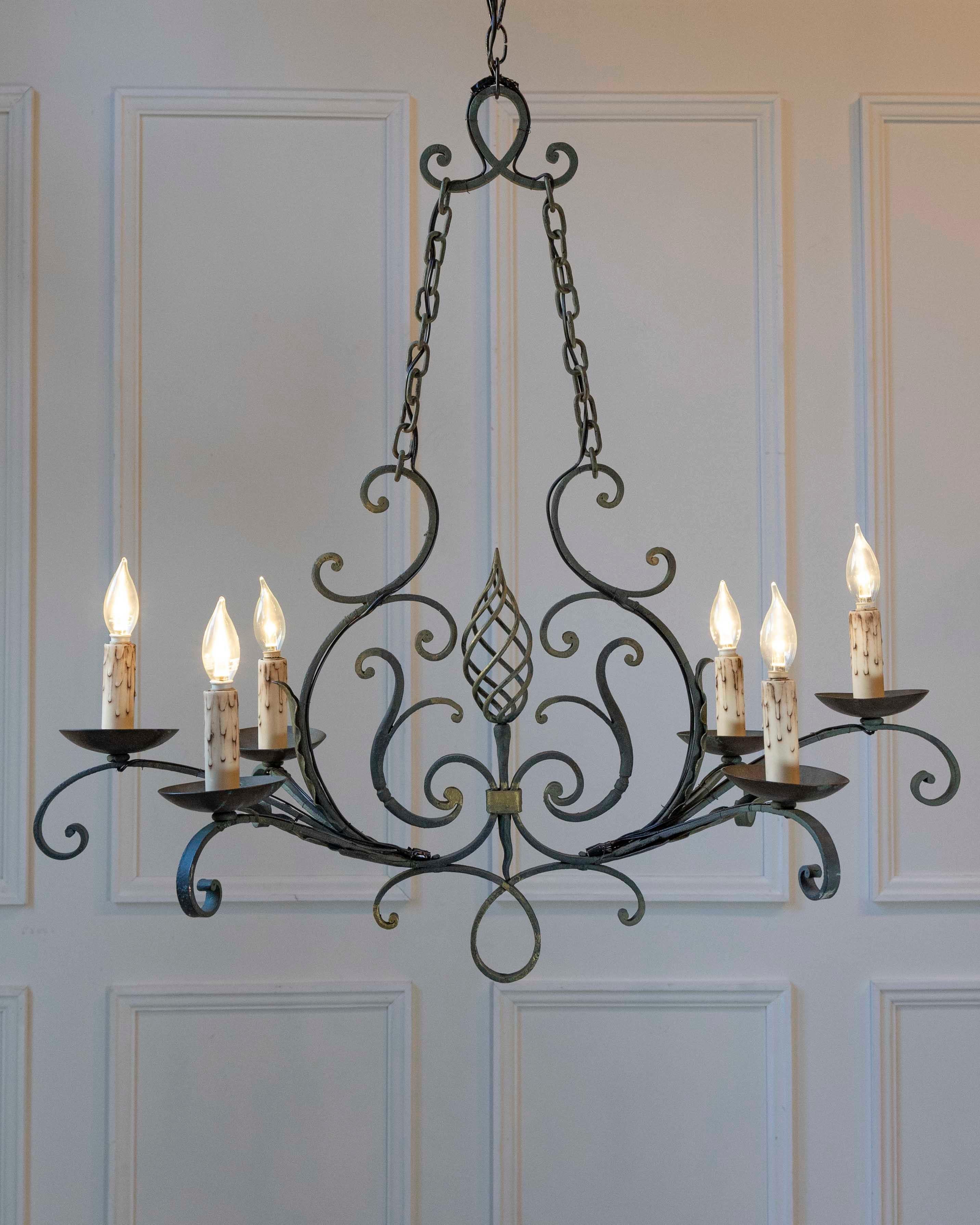 French 19th Century Six-Light Iron Chandelier with Spiral and Scrolling Arms For Sale 6