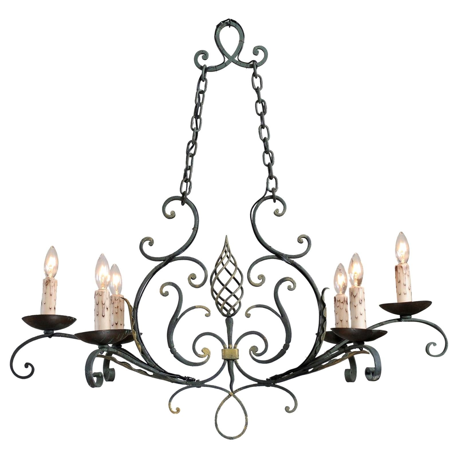 French 19th Century Six-Light Iron Chandelier with Spiral and Scrolling Arms For Sale