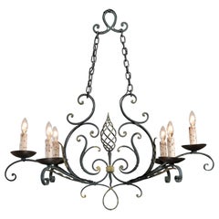 Antique French 19th Century Six-Light Iron Chandelier with Spiral and Scrolling Arms