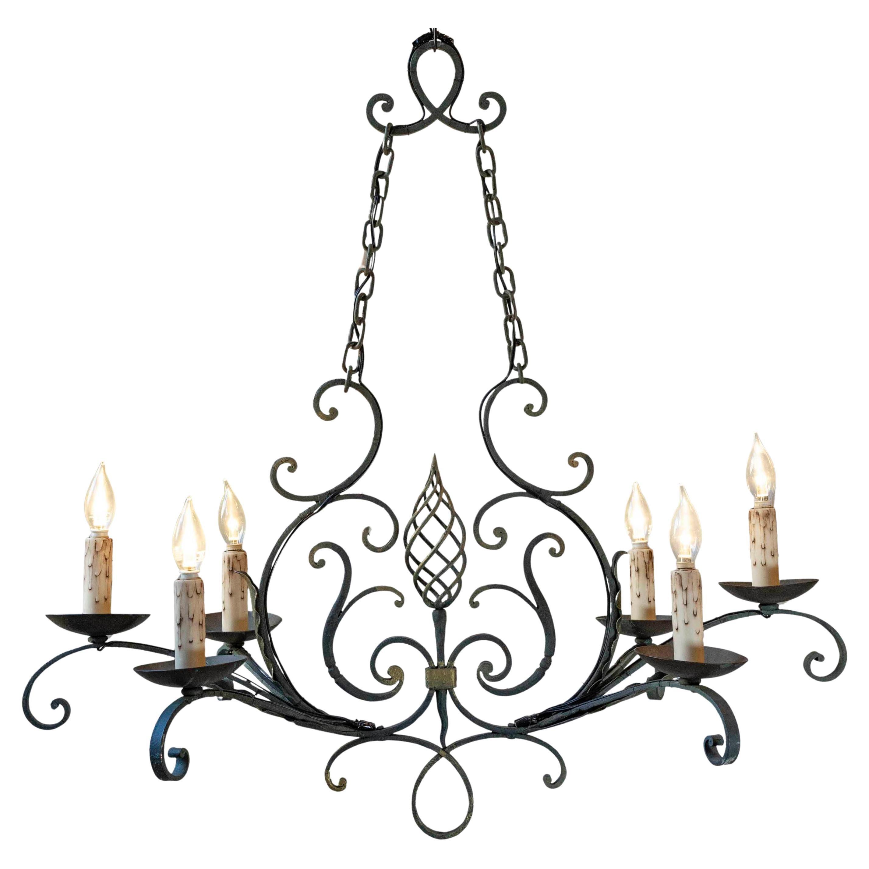 French 19th Century Six-Light Iron Chandelier with Spiral and Scrolling Arms For Sale