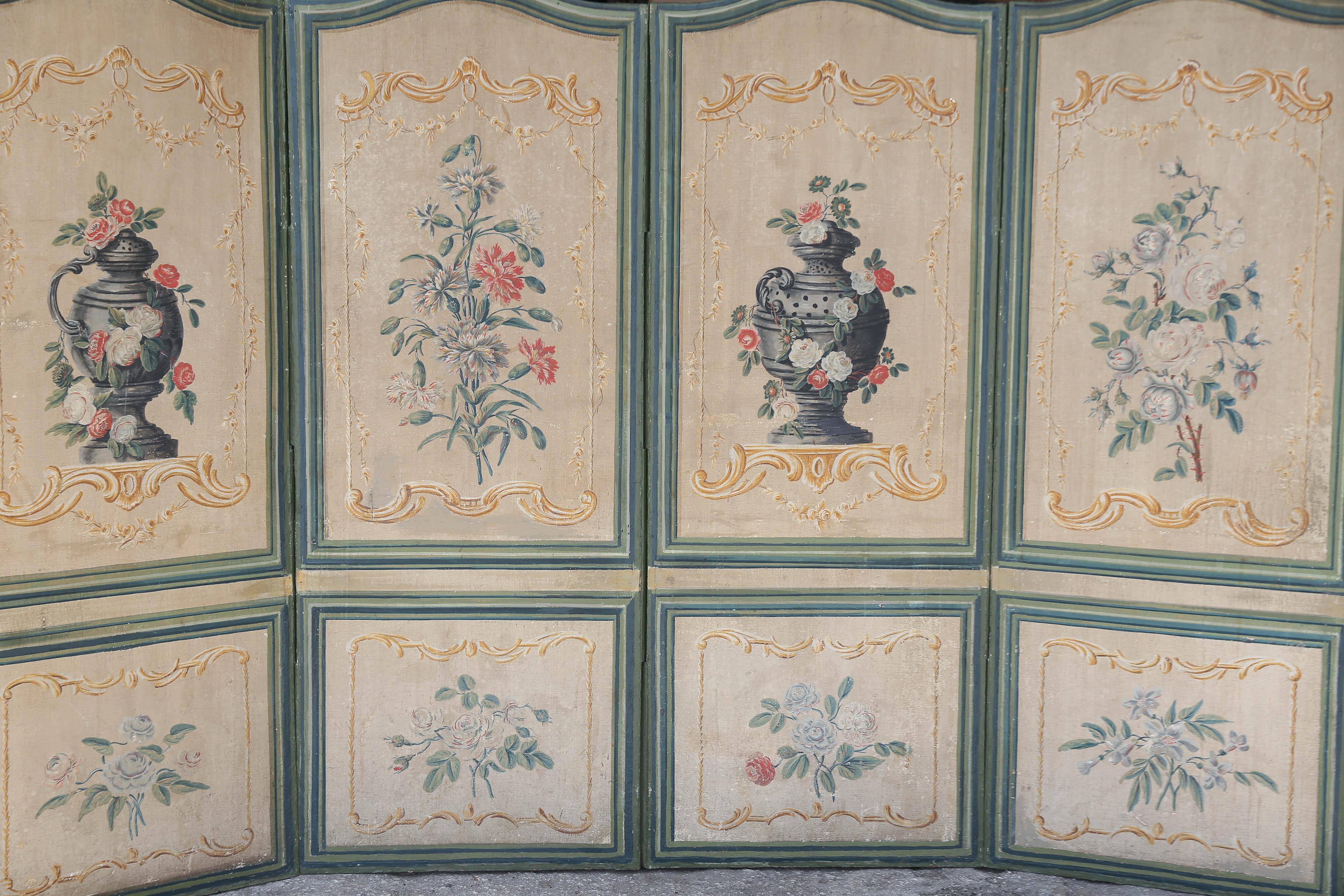 Beaux Arts French 19th Century Six-Panel Painted Canvas Screen For Sale